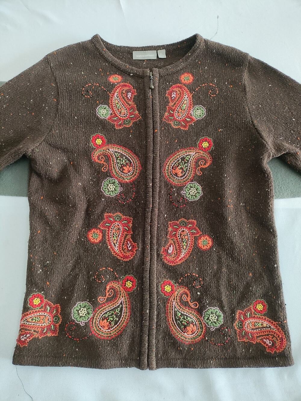 Croft & Barrow Brown Embroidered Paisley Full Zip Sweater Cardigan Ramie XL